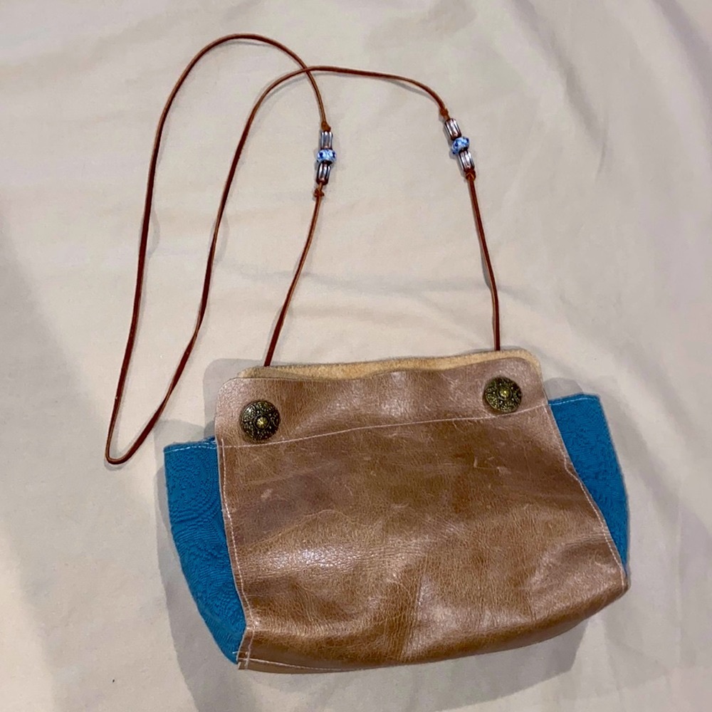 Leather Crossbody Bag with Teal Side Panels